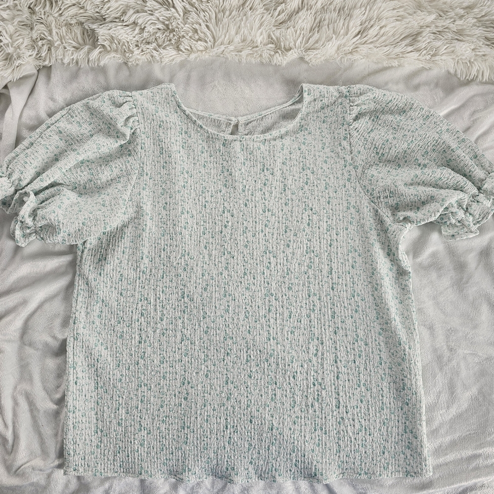 Light Green Floral Short Sleeve Blouse with Ruffled Details